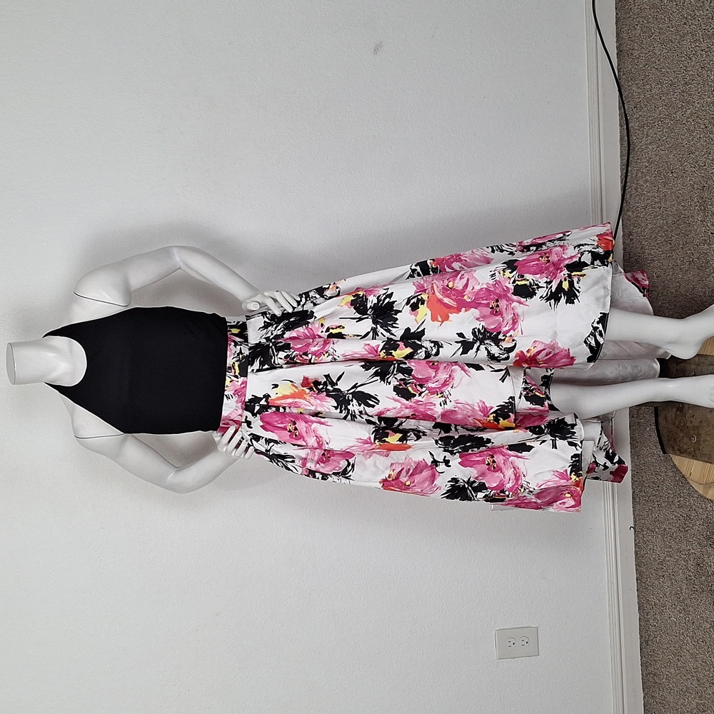 Leslie Fay Black Pink Floral Print Halter Neck Elegant High Low Dress Size 8